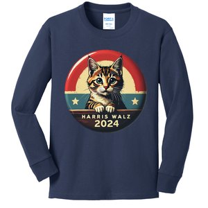 Harris Walz 2024 Funny Cat Election Kamala Harris Tim Waltz Kids Long Sleeve Shirt