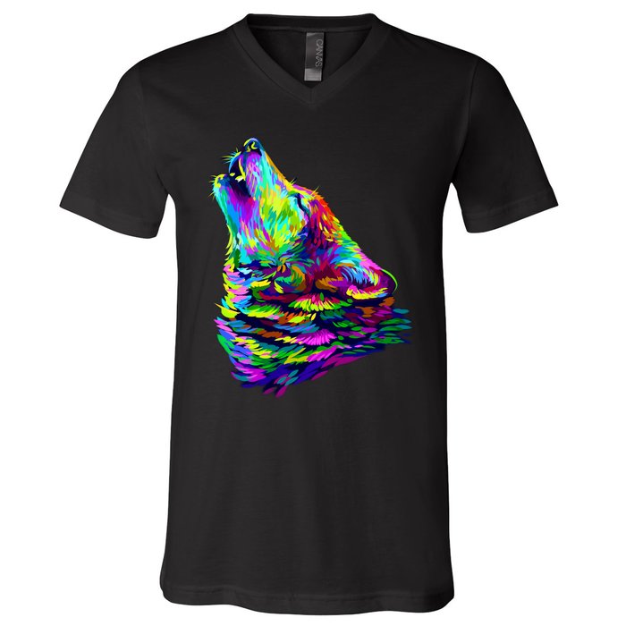 Howling Wolf Abstract V-Neck T-Shirt