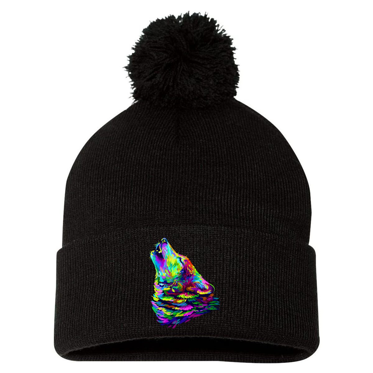 Howling Wolf Abstract Pom Pom 12in Knit Beanie