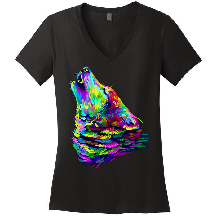 Howling Wolf Abstract Women's V-Neck T-Shirt