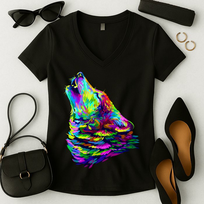 Howling Wolf Abstract Women's V-Neck T-Shirt