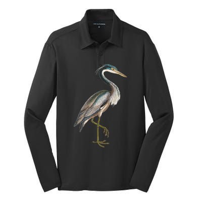 Heron Water Bird Lover Blue Heron Coastal Birds Silk Touch Performance Long Sleeve Polo