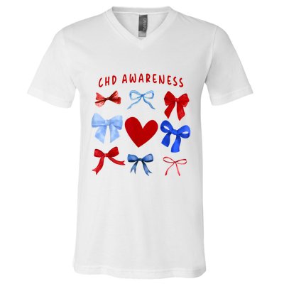 Heart Warrior Chd Awareness Heart Disease Coquette Bow V-Neck T-Shirt
