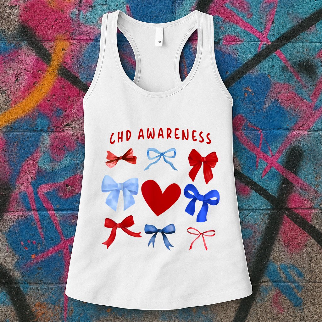Heart Warrior Chd Awareness Heart Disease Coquette Bow Womens Tank Top