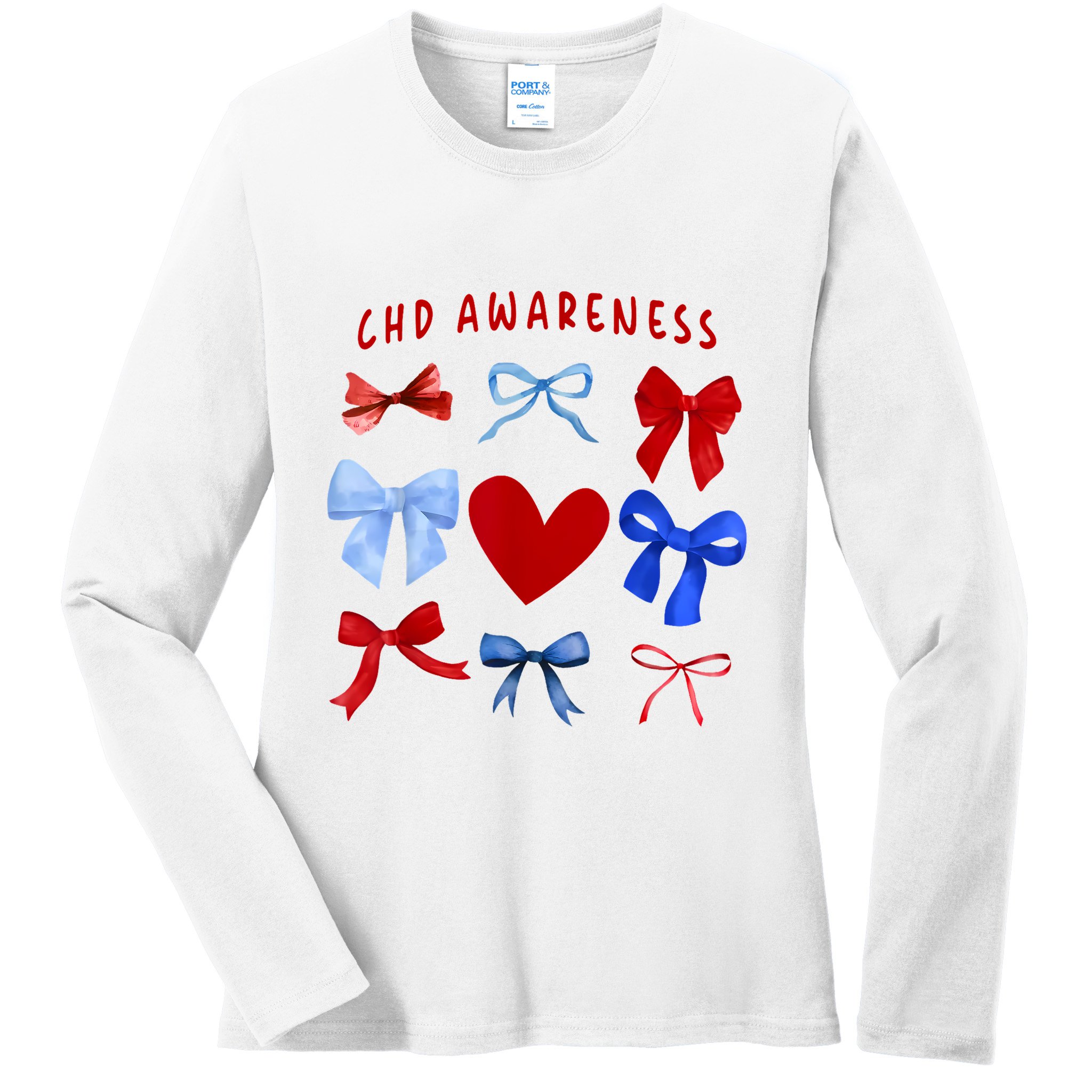 Heart Warrior Chd Awareness Heart Disease Coquette Bow Ladies Long Sleeve Shirt