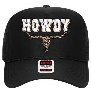 Howdy Western Country Southern Cow Skull Rodeo Bull Cow High Crown Mesh Back Trucker Hat