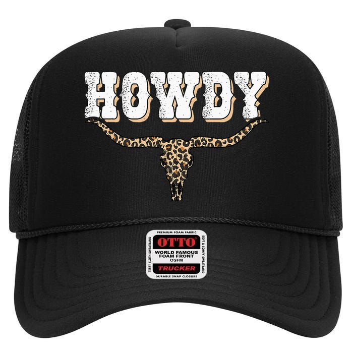 Howdy Western Country Southern Cow Skull Rodeo Bull Cow High Crown Mesh Back Trucker Hat