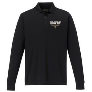 Howdy Western Country Southern Cow Skull Rodeo Bull Cow Performance Long Sleeve Polo