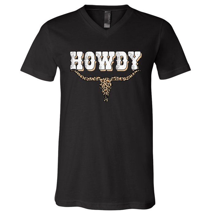 Howdy Western Country Southern Cow Skull Rodeo Bull Cow V-Neck T-Shirt