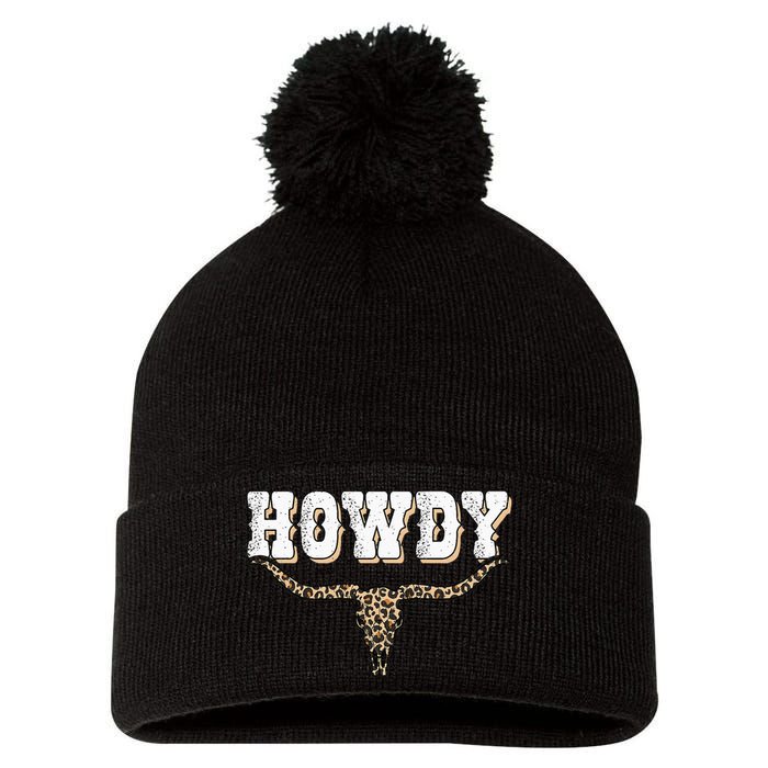 Howdy Western Country Southern Cow Skull Rodeo Bull Cow Pom Pom 12in Knit Beanie