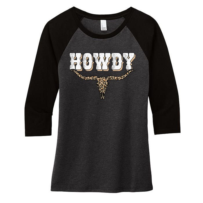 Howdy Western Country Southern Cow Skull Rodeo Bull Cow Women's Tri-Blend 3/4-Sleeve Raglan Shirt