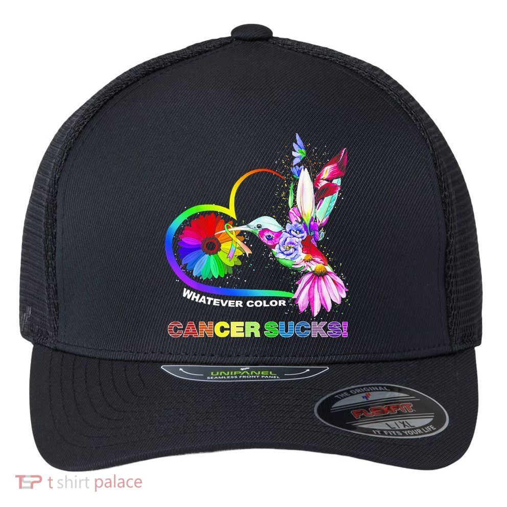 Hummingbird Whatever Color Cancer Sucks Fight Cancer Ribbons Flexfit Unipanel Trucker Cap