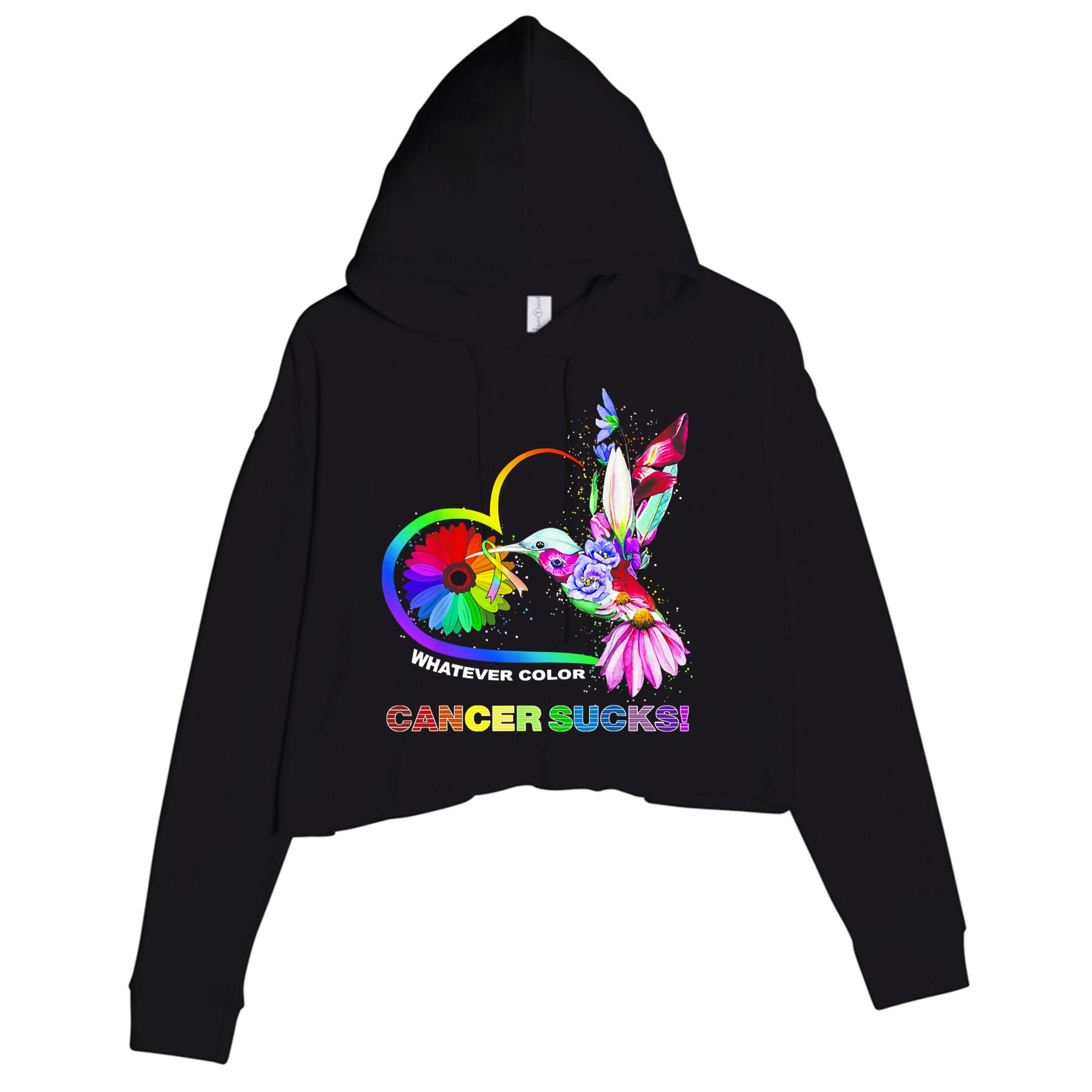 Hummingbird Whatever Color Cancer Sucks Fight Cancer Ribbons Crop Fleece Hoodie