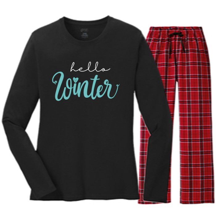 Hello Winter Cute Holiday Women's Long Sleeve Flannel Pajama Set 