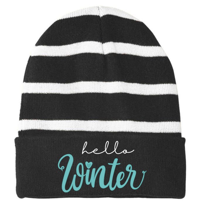 Hello Winter Cute Holiday Striped Beanie with Solid Band