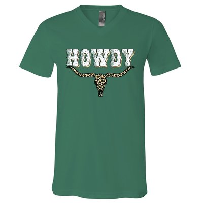 Howdy Western Country Southern Cow Skull Rodeo Bull Cowgirl V-Neck T-Shirt