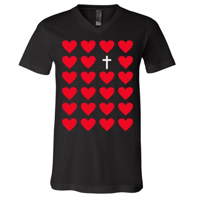 Hearts With Cross Christian Religious Valentines Day Jesus V-Neck T-Shirt