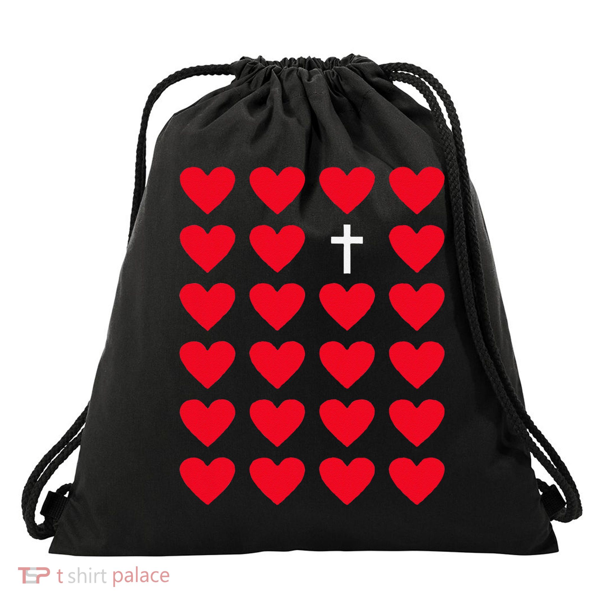 Hearts With Cross Christian Religious Valentines Day Jesus Drawstring Bag