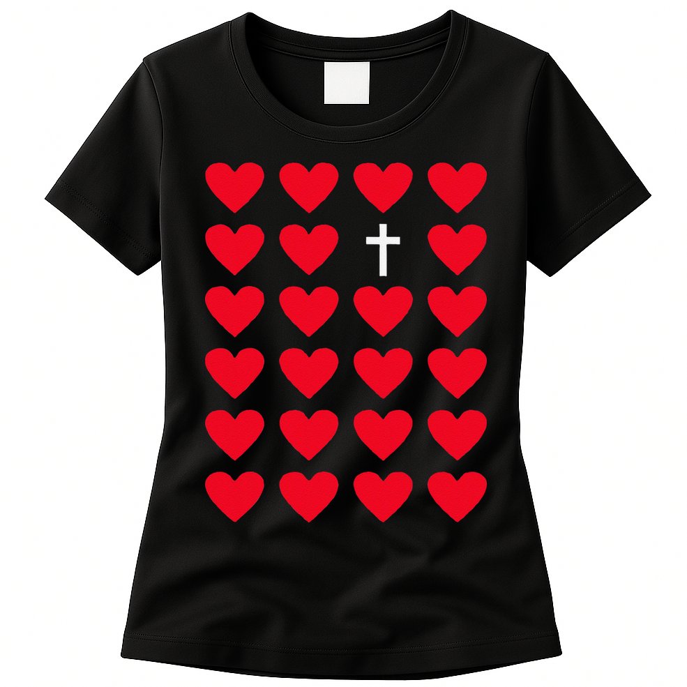 Hearts With Cross Christian Religious Valentines Day Jesus Womens T-Shirt