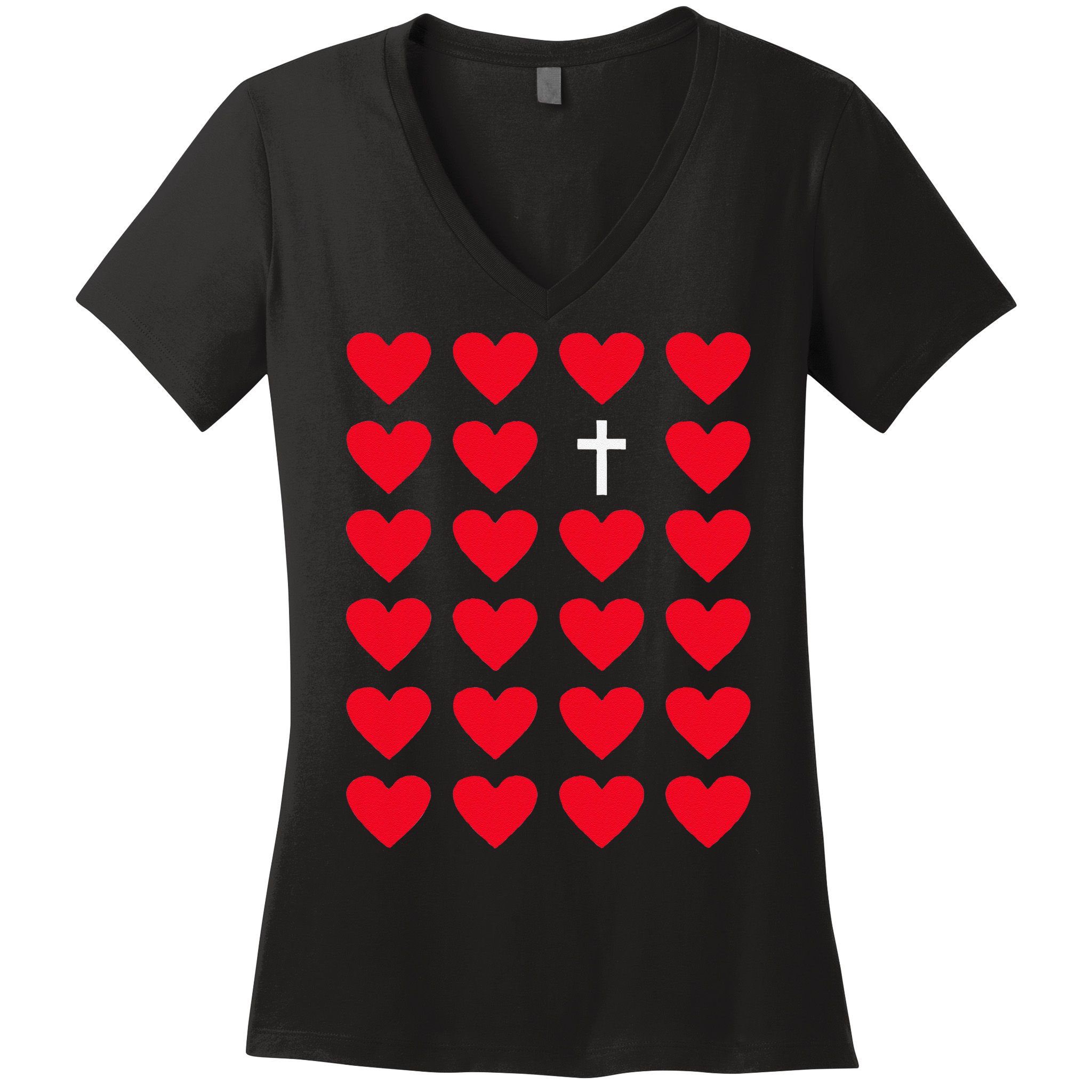 Hearts With Cross Christian Religious Valentines Day Jesus Women's V-Neck T-Shirt