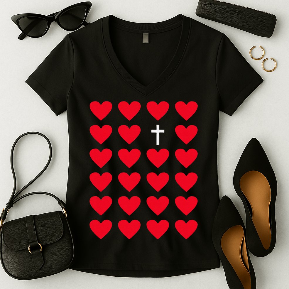 Hearts With Cross Christian Religious Valentines Day Jesus Women's V-Neck T-Shirt