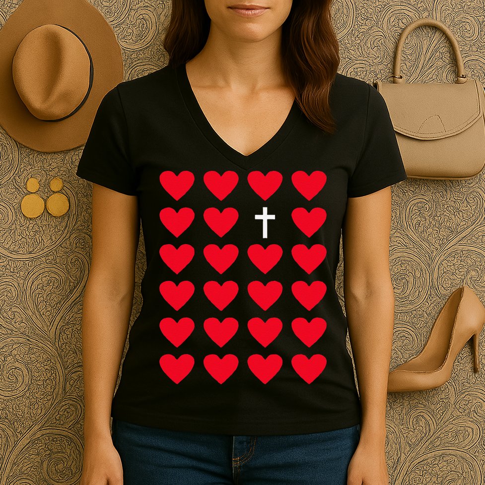 Hearts With Cross Christian Religious Valentines Day Jesus Women's V-Neck T-Shirt