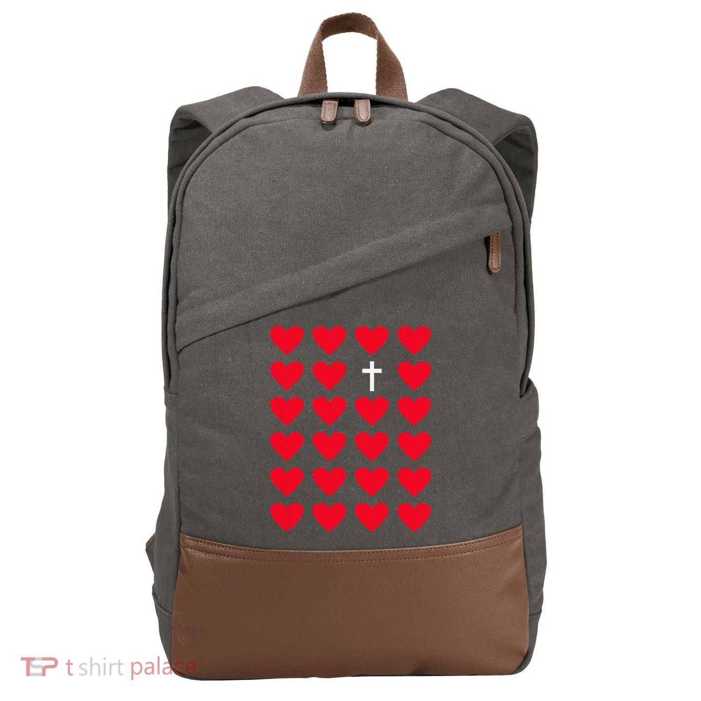 Hearts With Cross Christian Religious Valentines Day Jesus Cotton Canvas Backpack