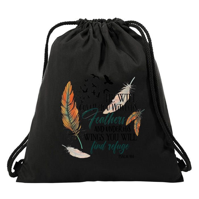 He Will Cover You With His Feathers And Under His Wings Psalm 91:4 Drawstring Bag