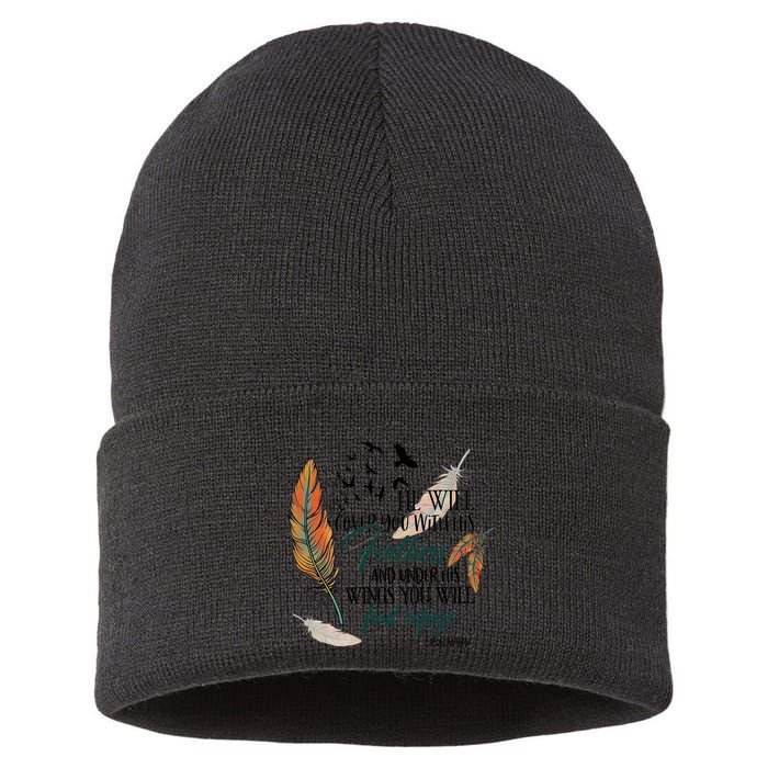 He Will Cover You With His Feathers And Under His Wings Psalm 91:4 Sustainable Knit Beanie