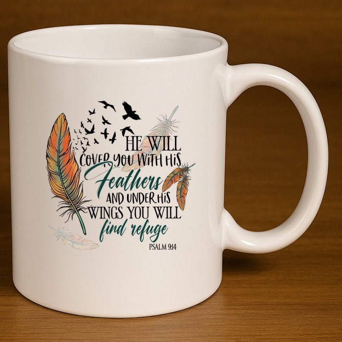 He Will Cover You With His Feathers And Under His Wings Psalm 91:4 11oz C Handle Ceramic Mug