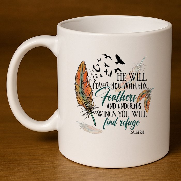 He Will Cover You With His Feathers And Under His Wings Psalm 91:4 11oz C Handle Ceramic Mug