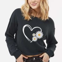 Heart With Daisy Flowers Daisies With Heart Outline Cropped Pullover Crew