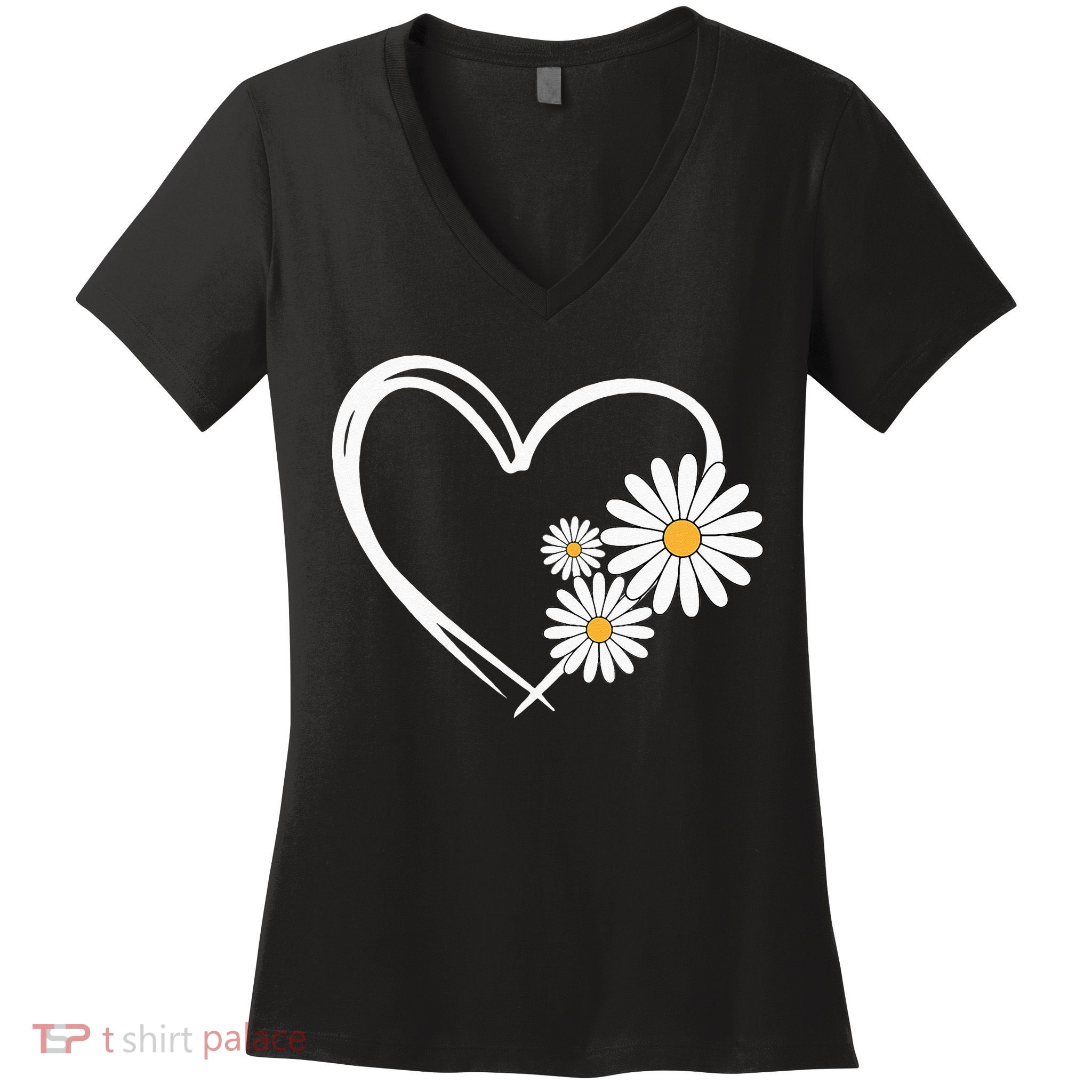 Heart With Daisy Flowers Daisies With Heart Outline Women's V-Neck T-Shirt