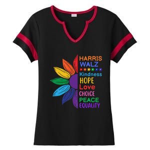 Harris Walz Diversity Rainbow Daisy Sunflower Vote Blue Ladies Halftime Notch Neck Tee