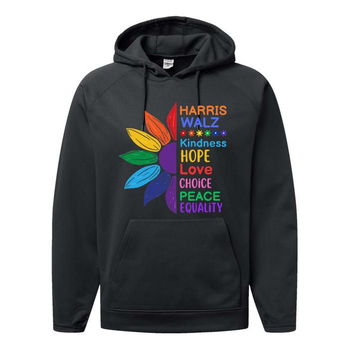 Harris Walz Diversity Rainbow Daisy Sunflower Vote Blue Performance Fleece Hoodie