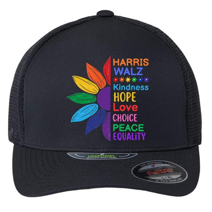 Harris Walz Diversity Rainbow Daisy Sunflower Vote Blue Flexfit Unipanel Trucker Cap