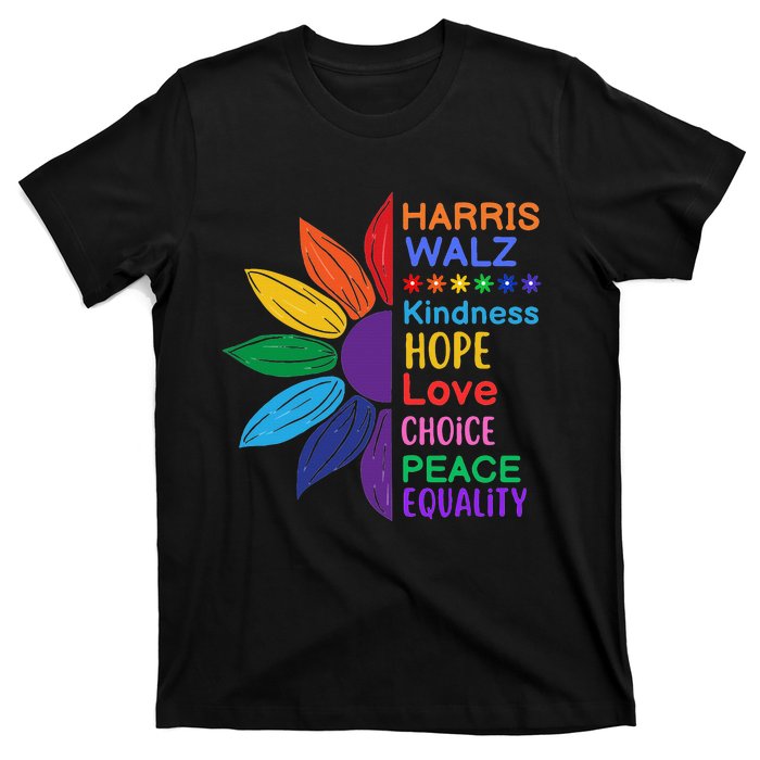 Harris Walz Diversity Rainbow Daisy Sunflower Vote Blue T-Shirt