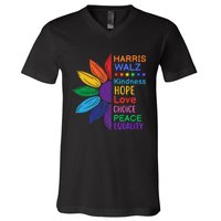 Harris Walz Diversity Rainbow Daisy Sunflower Vote Blue V-Neck T-Shirt