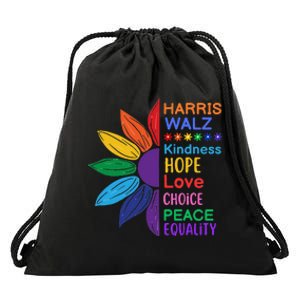 Harris Walz Diversity Rainbow Daisy Sunflower Vote Blue Drawstring Bag