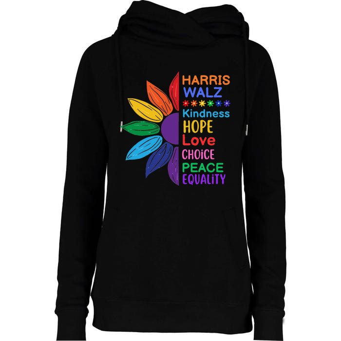 Harris Walz Diversity Rainbow Daisy Sunflower Vote Blue Womens Funnel Neck Pullover Hood