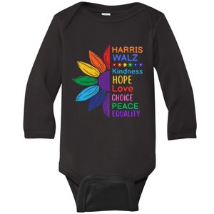 Harris Walz Diversity Rainbow Daisy Sunflower Vote Blue Baby Long Sleeve Bodysuit