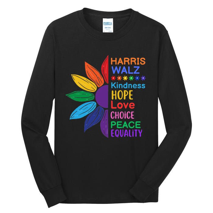 Harris Walz Diversity Rainbow Daisy Sunflower Vote Blue Tall Long Sleeve T-Shirt