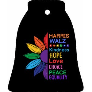 Harris Walz Diversity Rainbow Daisy Sunflower Vote Blue Ceramic Bell Ornament