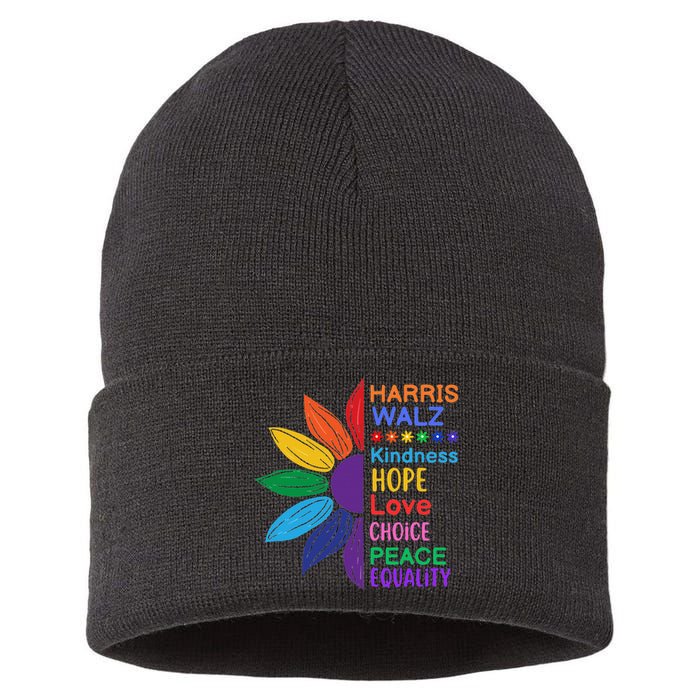 Harris Walz Diversity Rainbow Daisy Sunflower Vote Blue Sustainable Knit Beanie