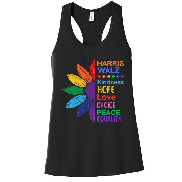 Harris Walz Diversity Rainbow Daisy Sunflower Vote Blue Women's Racerback Tank