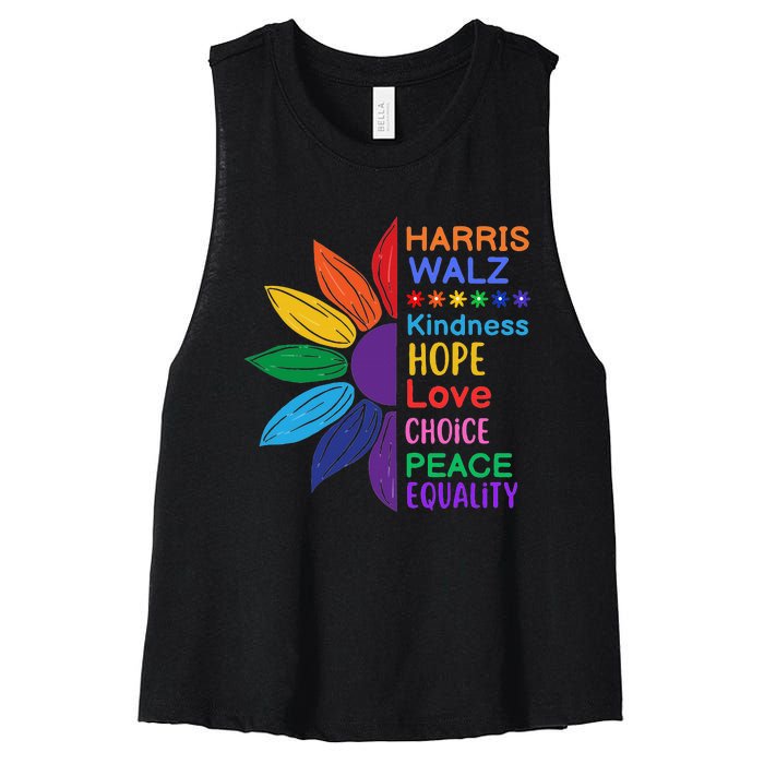 Harris Walz Diversity Rainbow Daisy Sunflower Vote Blue Women's Racerback Cropped Tank