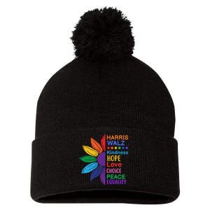 Harris Walz Diversity Rainbow Daisy Sunflower Vote Blue Pom Pom 12in Knit Beanie