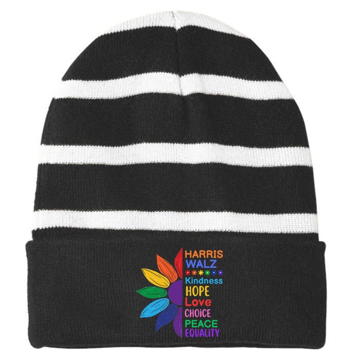 Harris Walz Diversity Rainbow Daisy Sunflower Vote Blue Striped Beanie with Solid Band