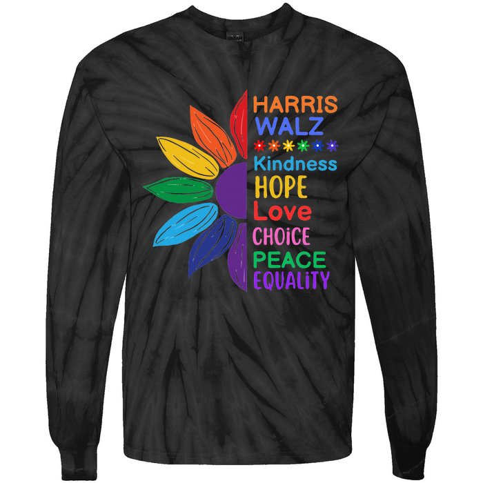 Harris Walz Diversity Rainbow Daisy Sunflower Vote Blue Tie-Dye Long Sleeve Shirt