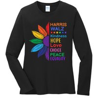 Harris Walz Diversity Rainbow Daisy Sunflower Vote Blue Ladies Long Sleeve Shirt